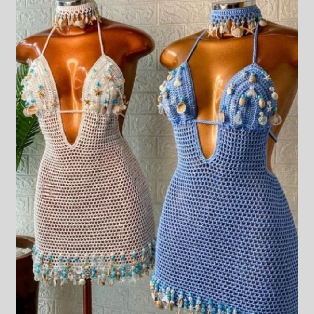 Vestido Sereia Famosinho Crochê + Cholcker de pedrarias Handmade.