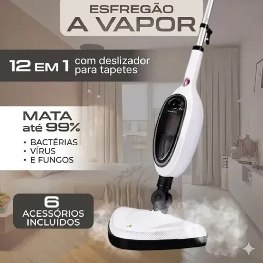 Mop a Vapor Multifuncional 12 em 1. com Acessórios, Adequado para Limpeza de Pisos e Carpetes.