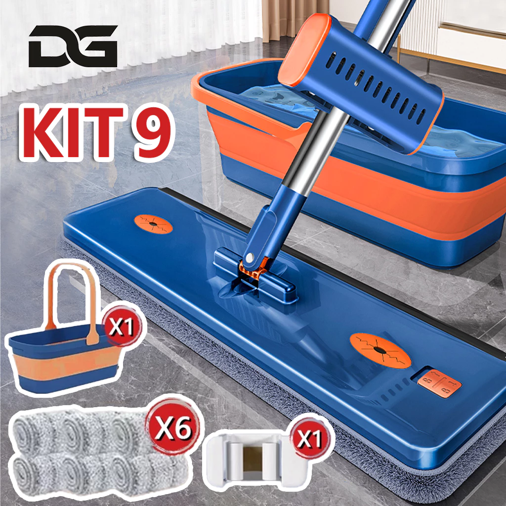 KIT 9 Esfregão Lazy Mop Mãos Livres. Kit De Limpeza Seco/Molhado/Com Balde Raspador.