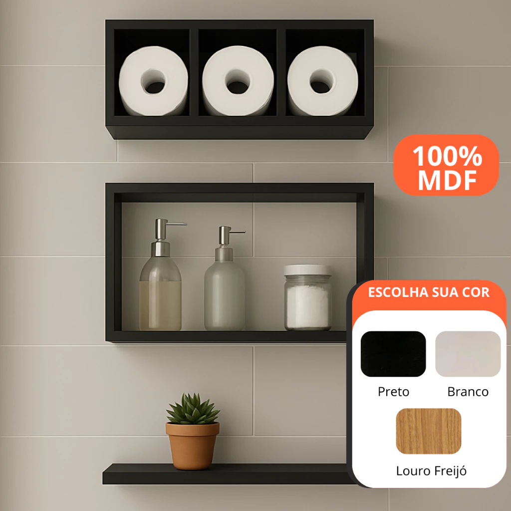 Kit 3 Nichos Prateleiras para Banheiro Organizador em Preto ou Branco 100% Mdf