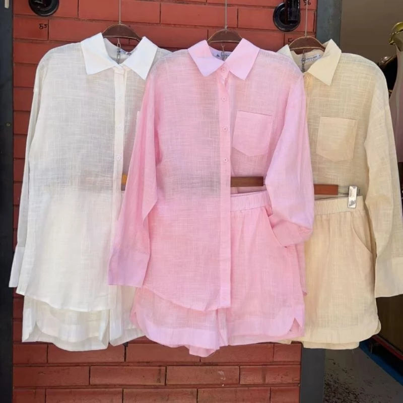 Conjunto Femenino Leve | Camisa Chemise de Manga Longa e Short Com Elástico atrás | Semitransparente