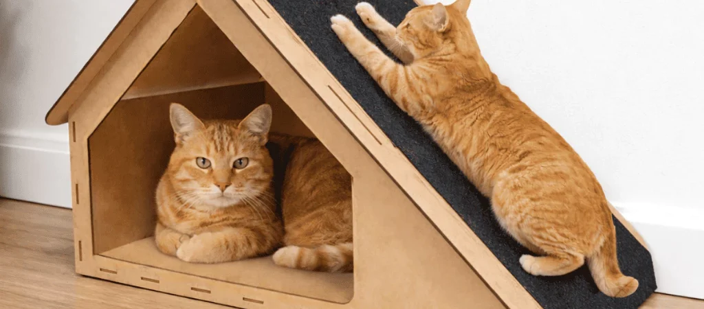 Rampa Casa de Gato Toca Para Gatos Arranhador Brinquedo Playground MDF Carpete 30x47x36cm