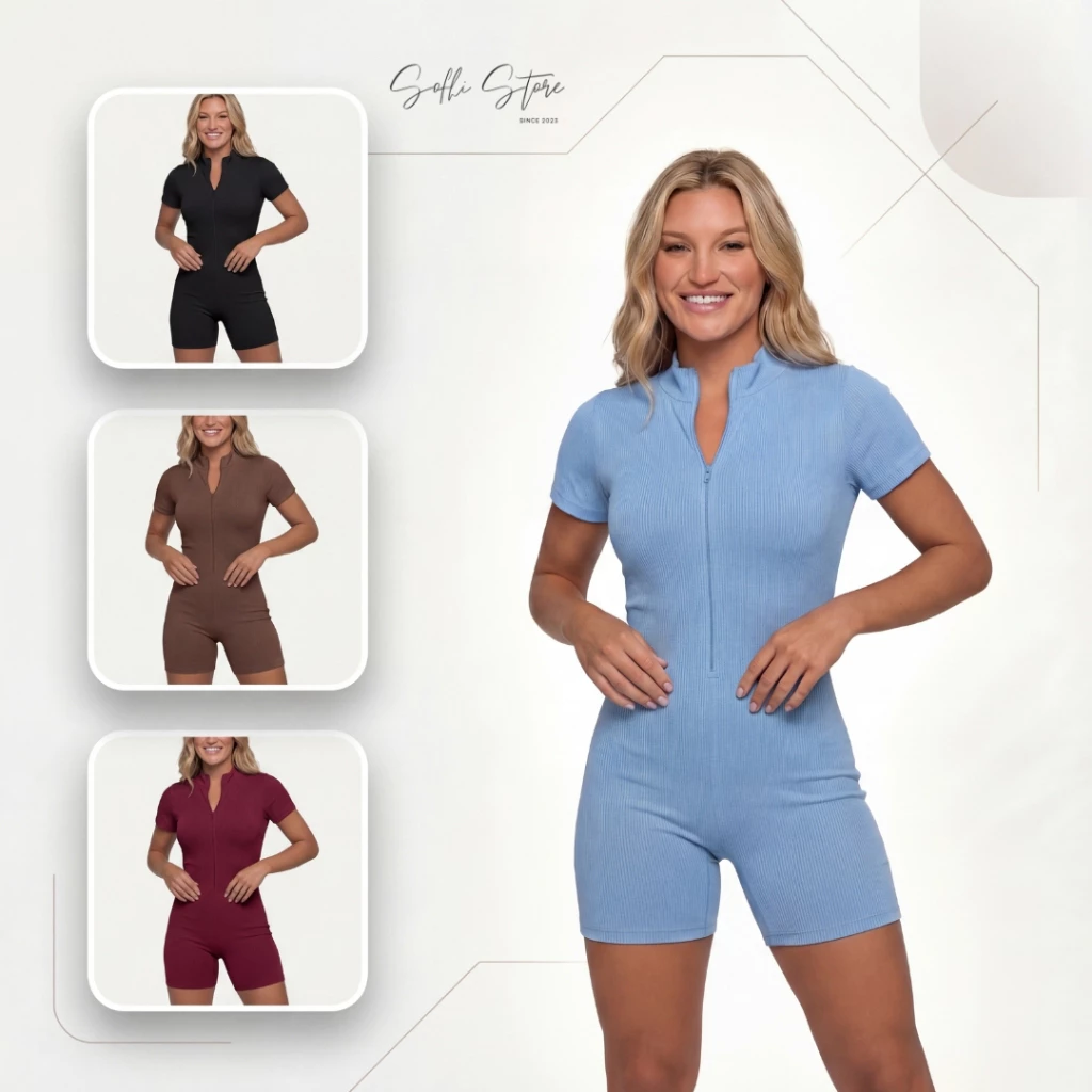 Macaquinho Feminino Suplex Premium. Ziper Short, Macacão Curto Moda Blogueira Simples e Confortável.