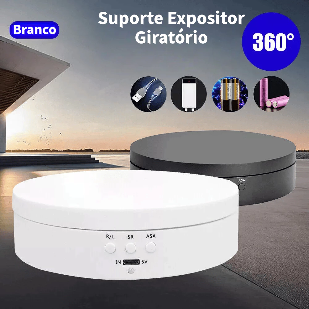 Suporte Expositor Giratório | USB Recarregável Para Vitrine Foto E Decoração. Branco, Preto.