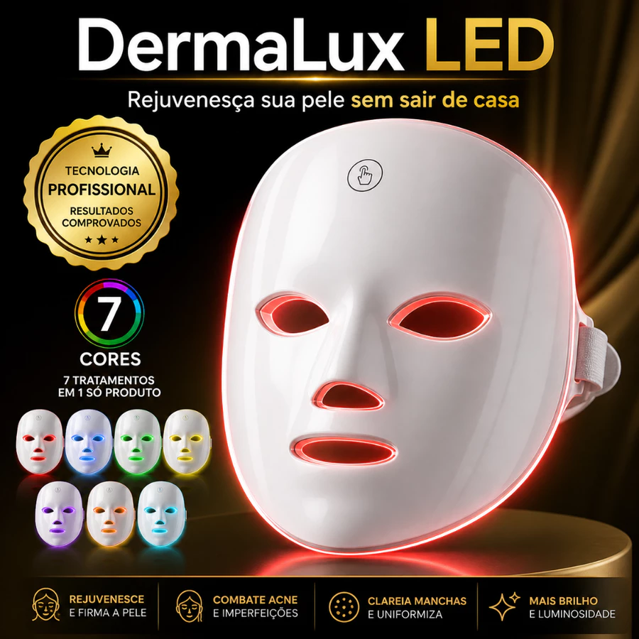 Máscara LED Facial 7 Cores. DermaGlow Spectra™ Rejuvenescimento Anti Acne, Clareador Profissional