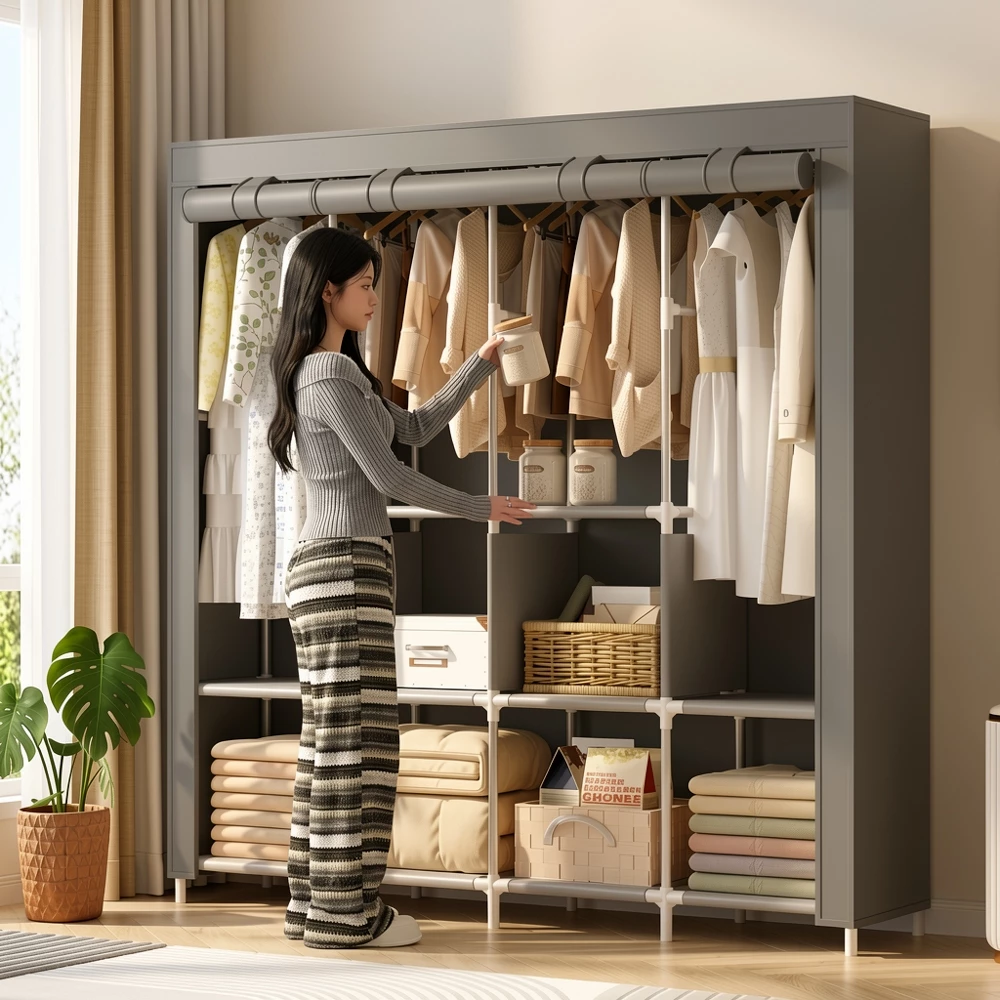 Guarda Roupa Grande Arara Dobrável Com Capa Tecido 4 Divisorias Roupeiro Organizador Roupa Armário