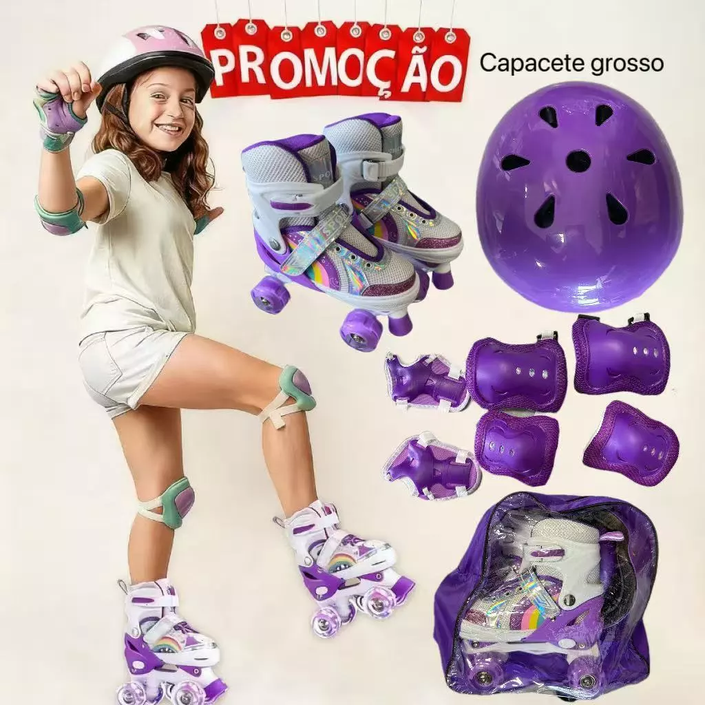 Patins Infantil Arco Íris Rosa Verde 4 Rodas Ajustável com luz de LED Com e Sem Kit de Segurança
