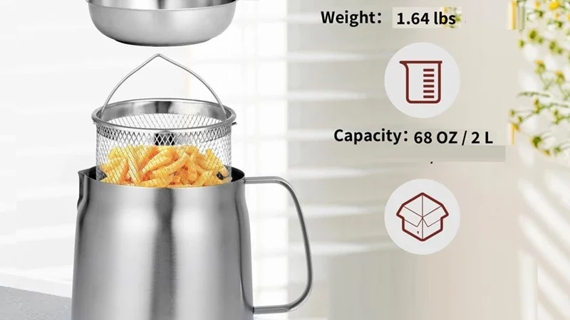 Panela De Cozinha Para Fritar, Aço Inoxidável 2L, Fritadeira, Grande Capacidade, Multifuncional, Tanque De Filtro.