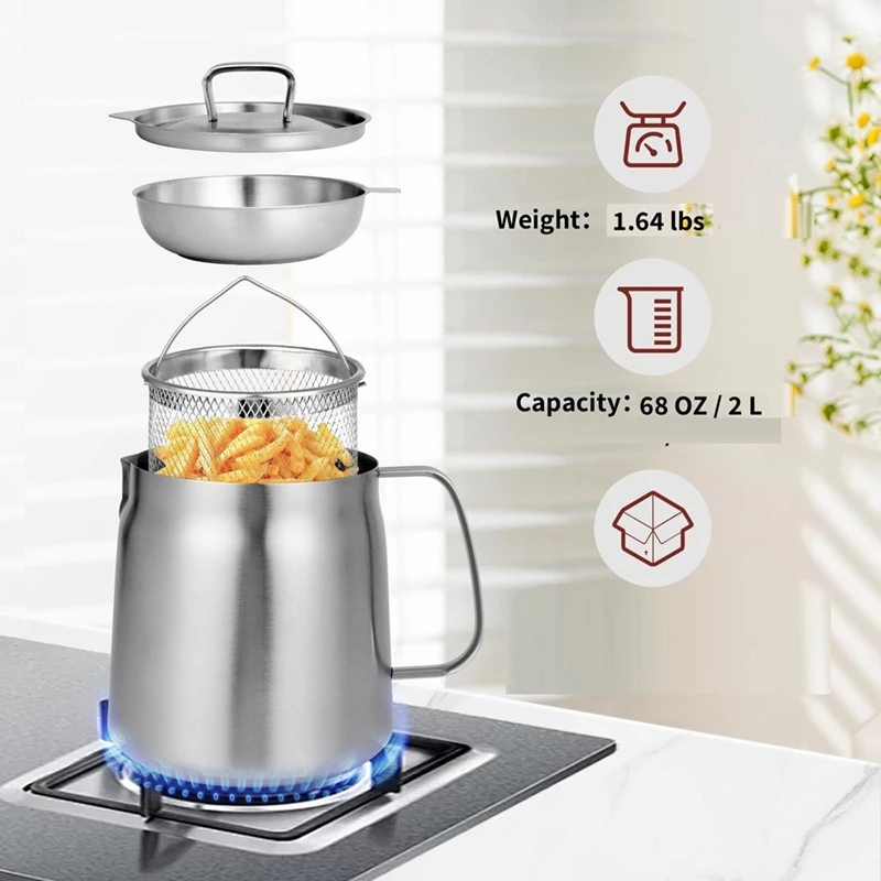 Panela De Cozinha Para Fritar, Aço Inoxidável 2L, Fritadeira, Grande Capacidade, Multifuncional, Tanque De Filtro.