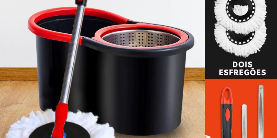 Mop Giratório Inox. Cabo Regulável, Balde, Refil Microfibra E Alça Rodo Limpeza Resistente, Centrifuga, Cabo de 140cm +2Refis.