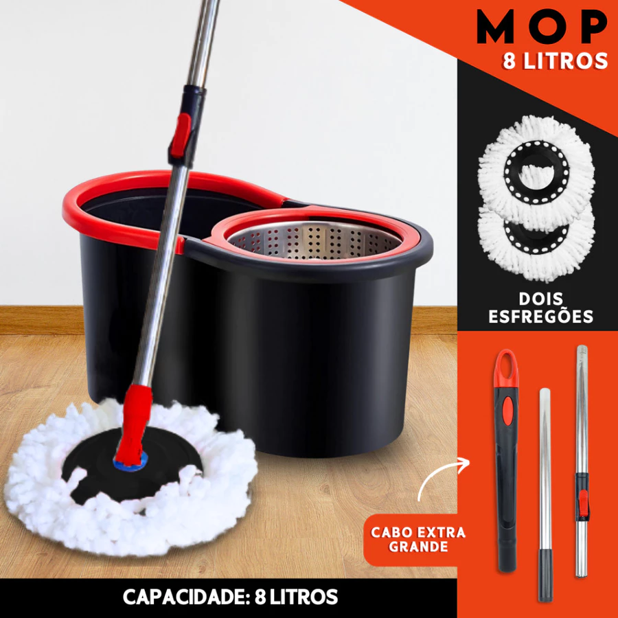Mop Giratório Inox. Cabo Regulável, Balde, Refil Microfibra E Alça Rodo Limpeza Resistente, Centrifuga, Cabo de 140cm +2Refis.