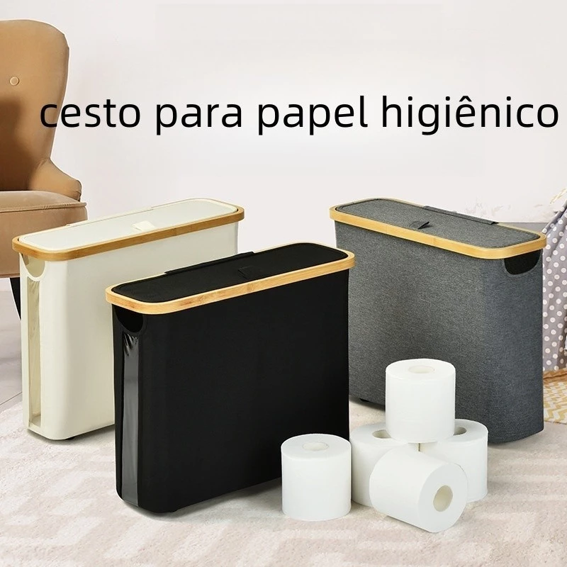Suporte Cesto De Papel Higiênico De Bambu Com Tampa Para Armazenamento