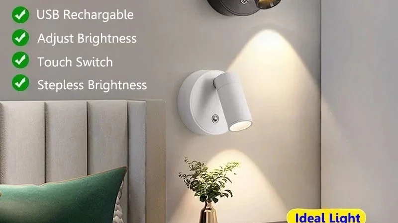 Lâmpada De Parede Sem Fio Recarregável Com Luz De Escurecimento Ajustável Para Leitura Noturna