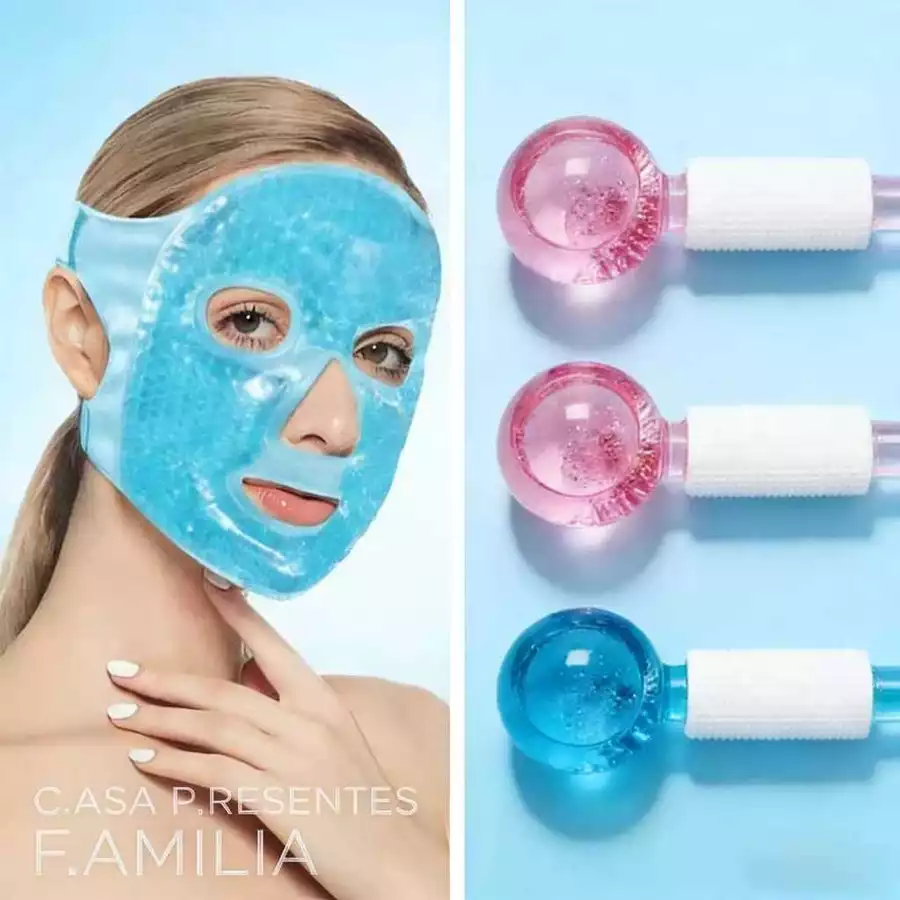 Kit Facial Premium: 2 Esferas de Cristal para Massagem + Máscara Térmica Gel/Veludo