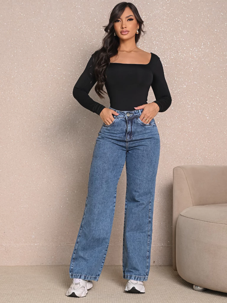 Calça Jeans Feminina Wide Leg Marmorizada Cintura Alta (10)