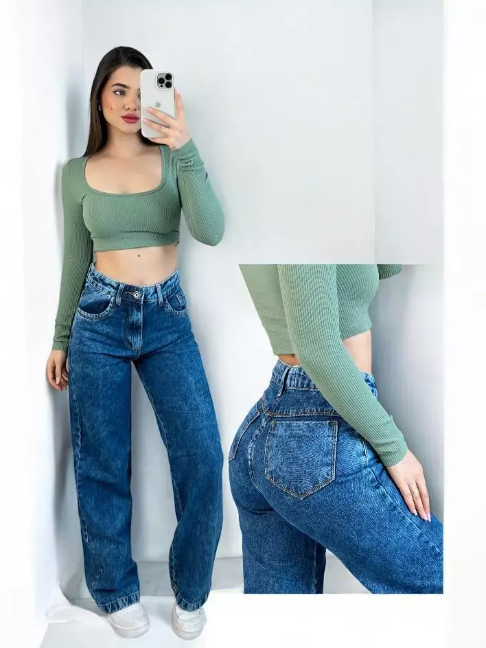 Calça Jeans Feminina Wide Leg Marmorizada Cintura Alta (21)