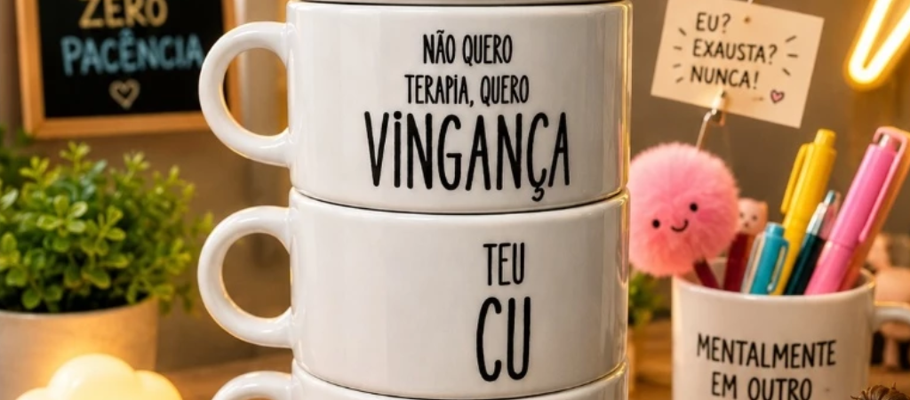 Torre de Xícara frases sinceras (kit 4 xícaras) Porcelana com Suporte