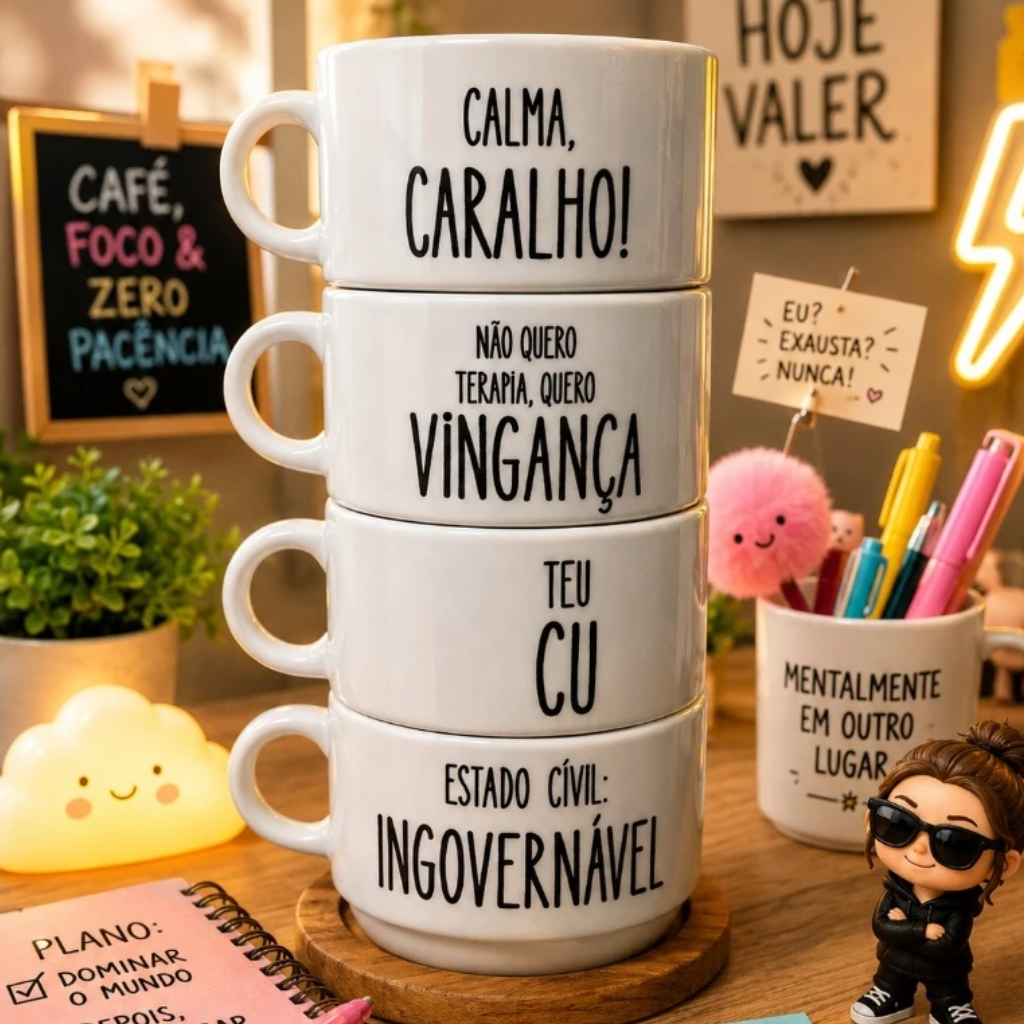 Torre de Xícara frases sinceras (kit 4 xícaras) Porcelana com Suporte