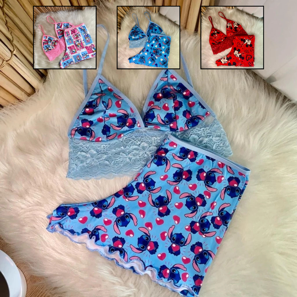 Bady Doll Pijama Personagens Estampado Com Detalhe de Renda