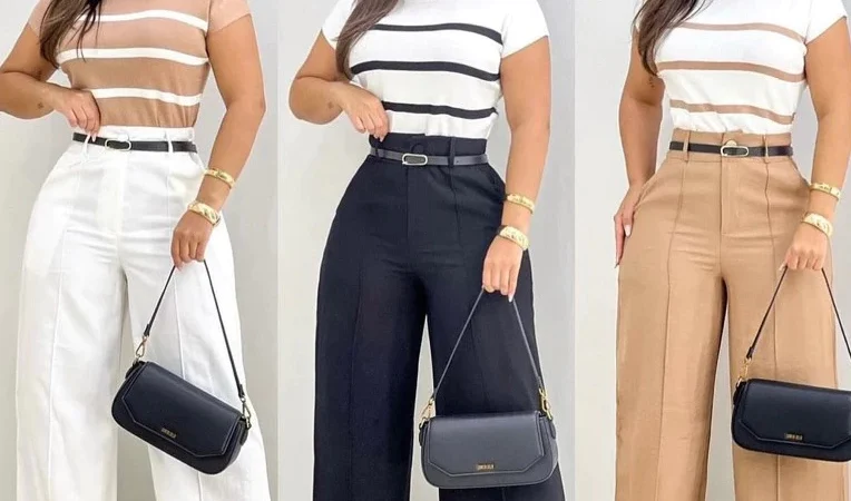 Kit 3 Pantalona Calça Alfaiataria Social Cintura Alta Com Cinto e Bolsos