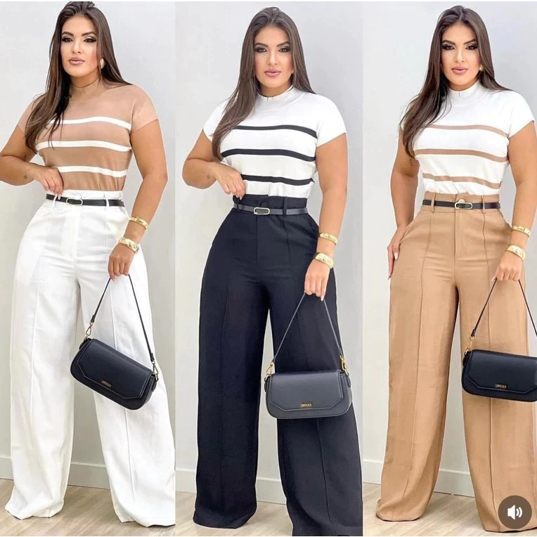 Kit 3 Pantalona Calça Alfaiataria Social Cintura Alta Com Cinto e Bolsos