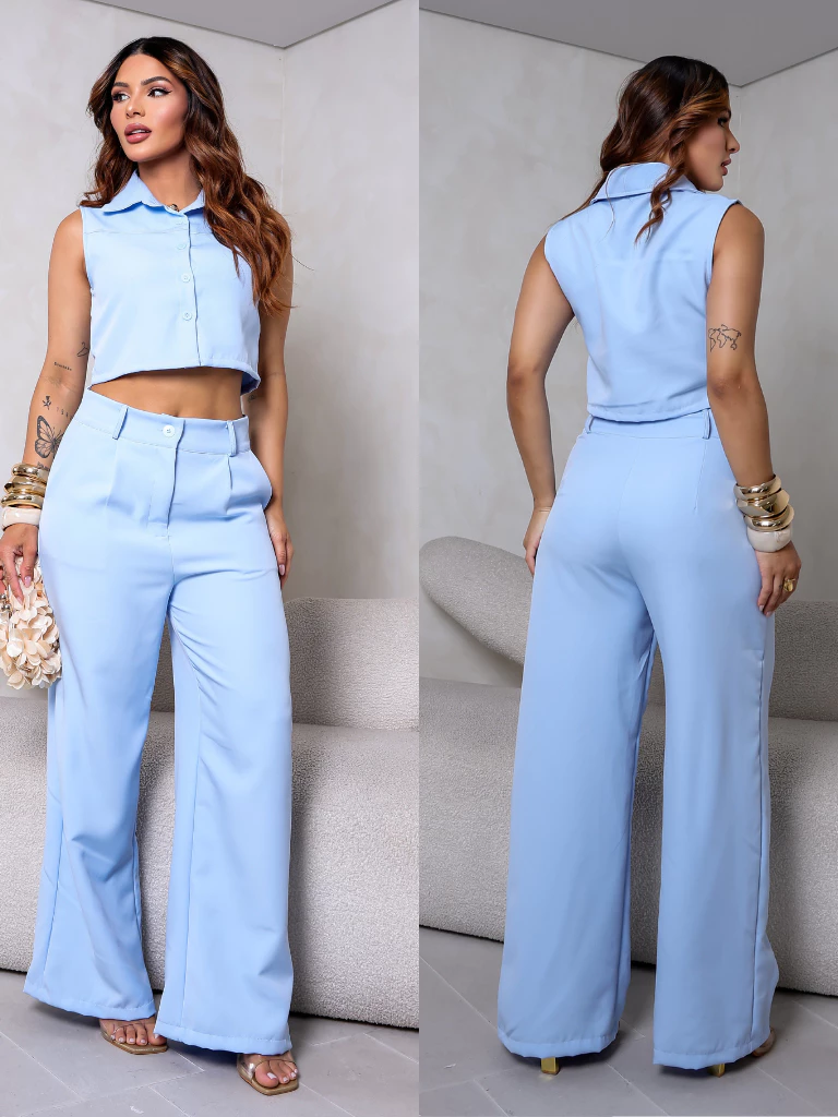 Conjunto Alfaiataria Feminino Clássico Calça Pantalona + Colete Sem Mangas Cintura Alta (4)