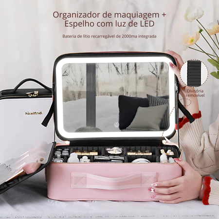 Kit Maleta Maquiagem completo Profissional Com Espelho e Luz Led e paleta de maquiagem