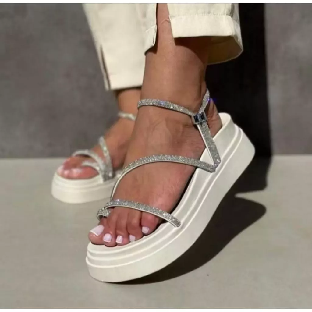 Sandália Papete Feminina Plataforma Strass Confortável