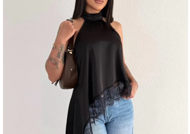 Blusa Feminina Gola Alta Assimétrica Frente Única Com Renda Bata sofisticada Elegante (14)