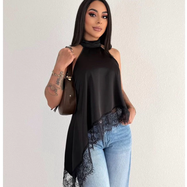 Blusa Feminina Gola Alta Assimétrica Frente Única Com Renda Bata sofisticada Elegante (14)