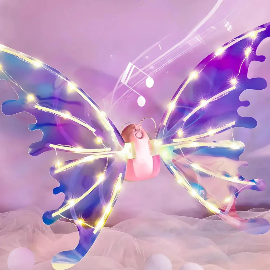Asa De Borboleta Com Led Fantasia Fada Movimento Música Rosa