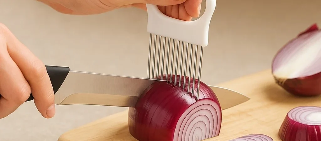 Garfo Suporte com Alça Fatiador. Cortador De Alimentos. Legumes, Cebola, Tomate, Pepino, Frutas, Aço Inox.