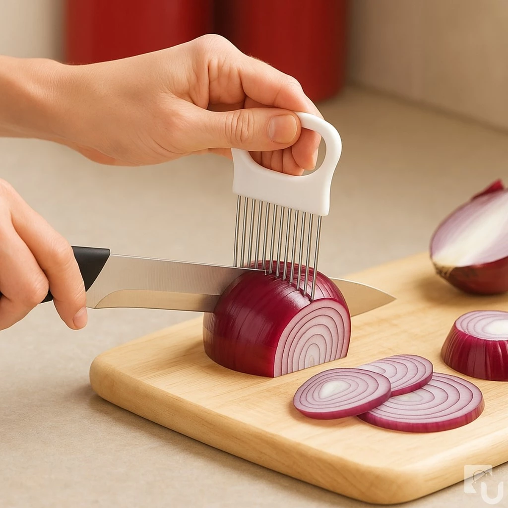 Garfo Suporte com Alça Fatiador. Cortador De Alimentos. Legumes, Cebola, Tomate, Pepino, Frutas, Aço Inox.