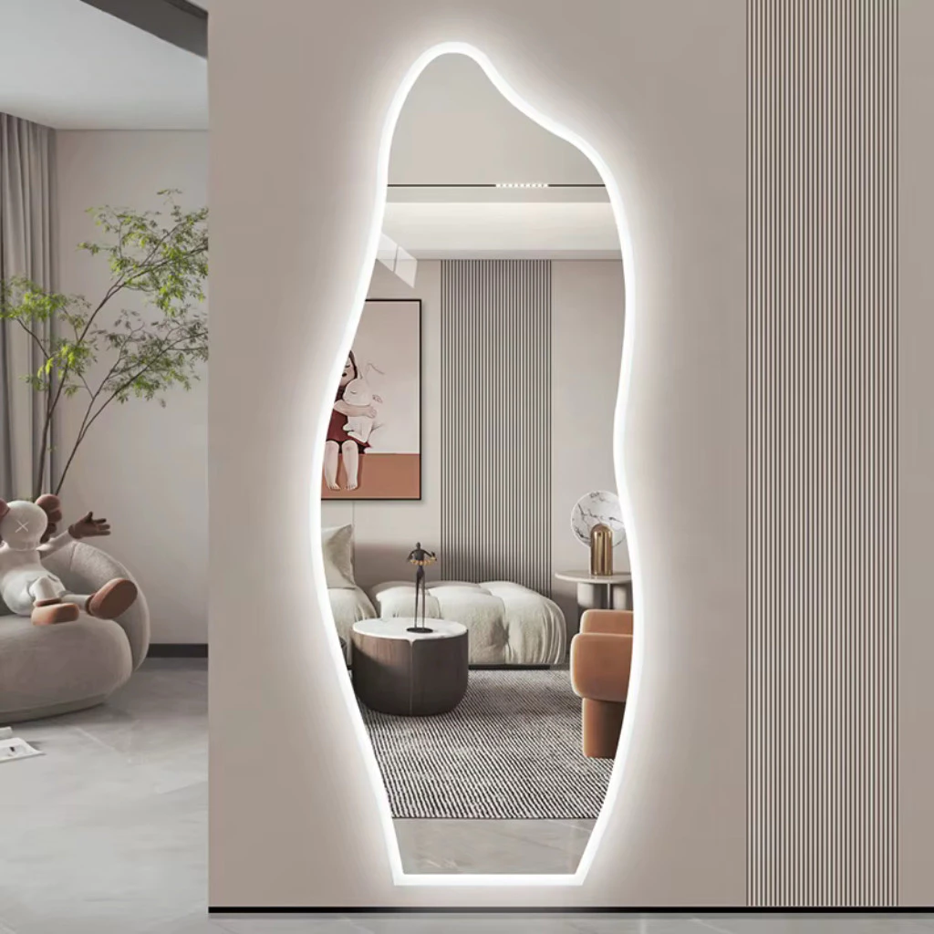 Espelho Orgânico 120x50cm com LED Quente e Fonte – Form, Grande, Lapidado, Decorativo, Moderno e com Suporte