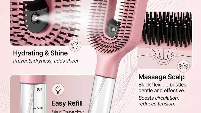 Pente Spray 2 em 1 Rosa, Utilizado para Hidratação e Esfoliação, Design de Spray Fino